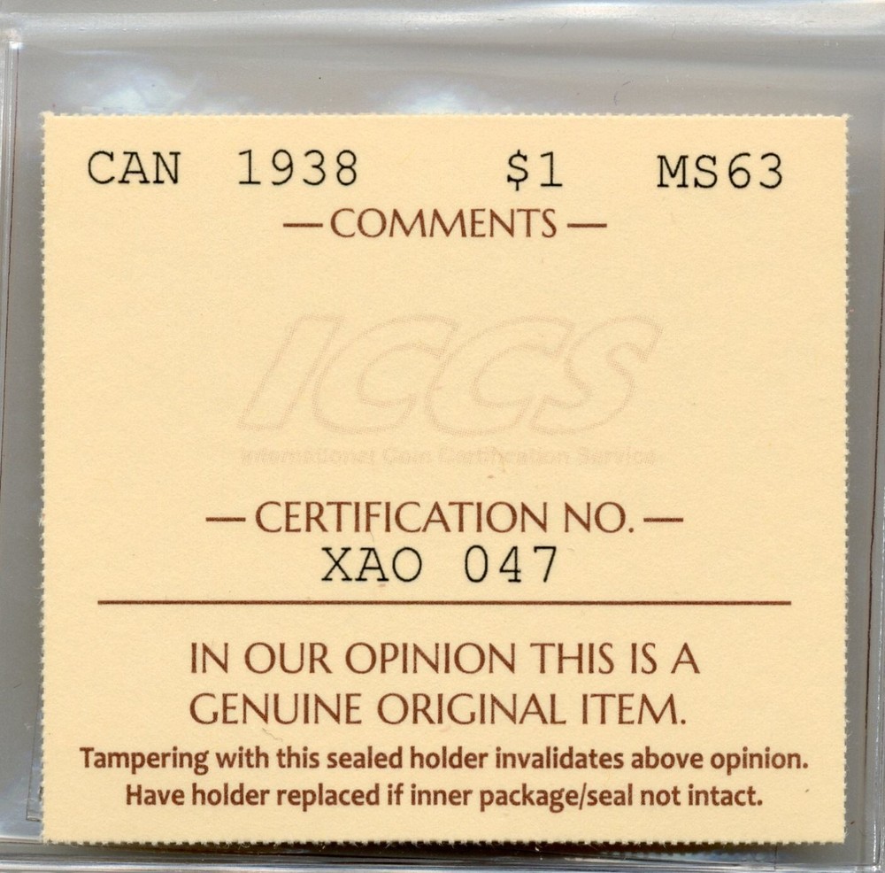 1938 Canada Silver Dollar - Choice Uncirculated, ICCS MS 63