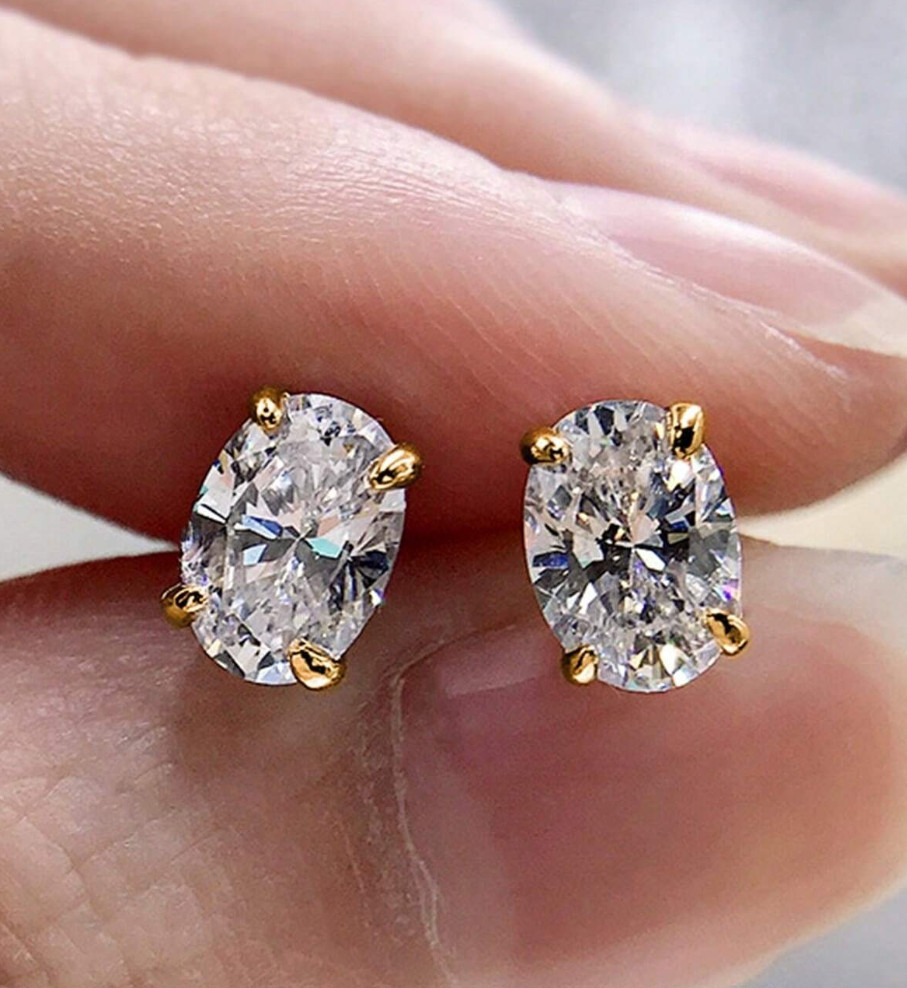 2Ct Lab Created Oval Cut Diamond Solitaire Stud Earrings 18K Gold Plated