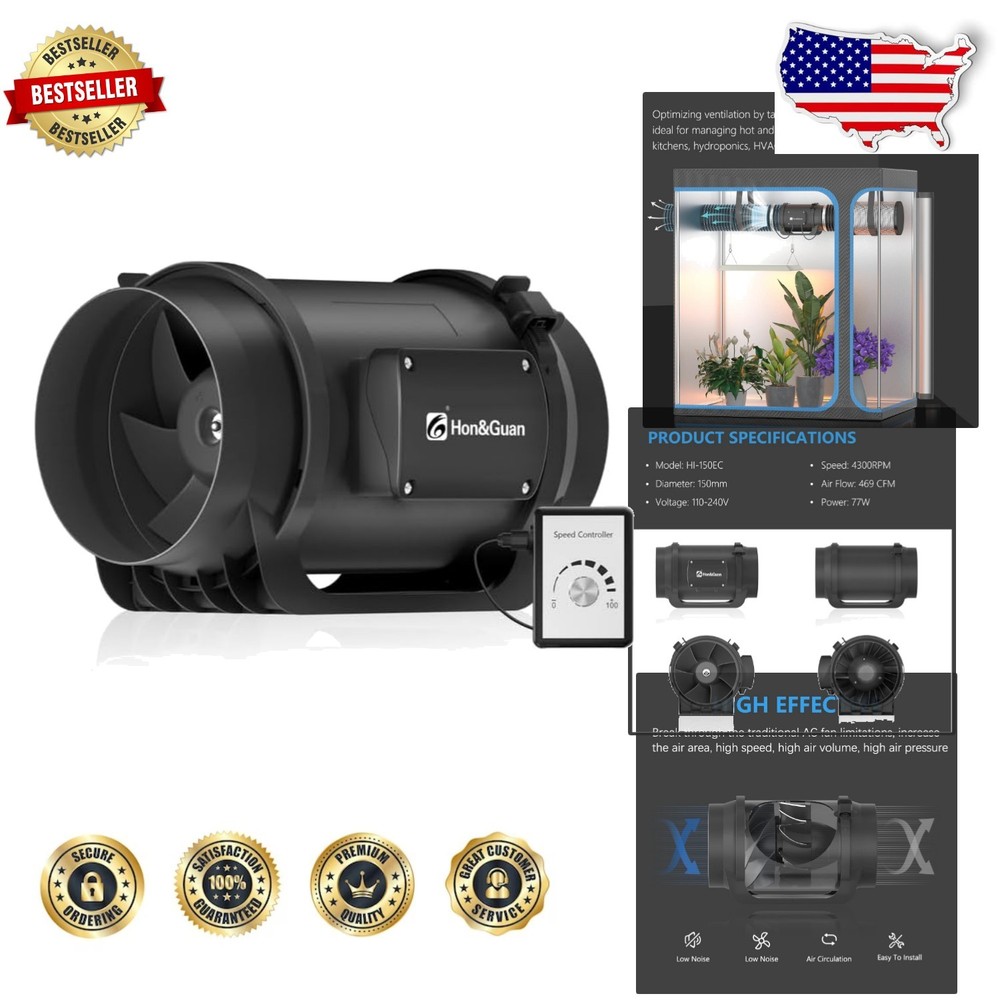 Quiet 6" Inline Fan 469 CFM Variable Speed Controller Energy Efficient Exhaust