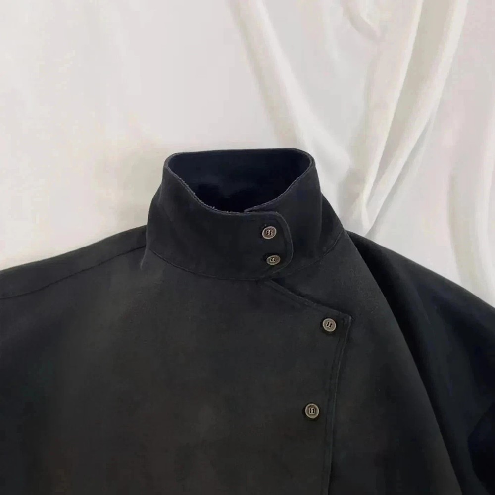 Black Denim Fencing Mock Neck Jacket High Collar Side Button Cropped Structured