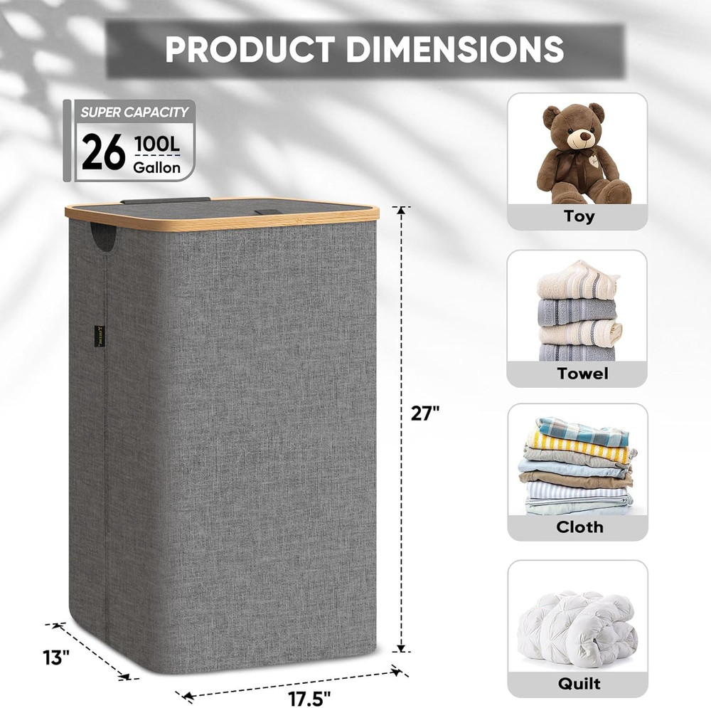 Laundry Hamper with Lid, Tall Laundry Baskets with Bamboo Pull Handles, Large...