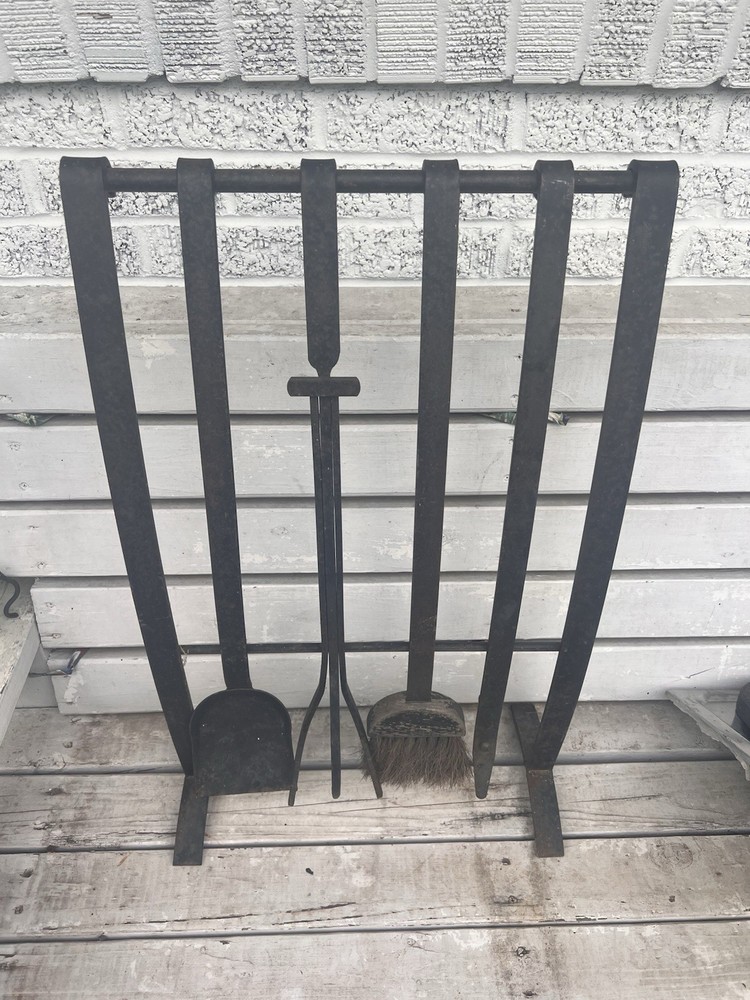 Primitive Style Distressed Iron Fireplace Tools & Rack 5pc Western Rustic