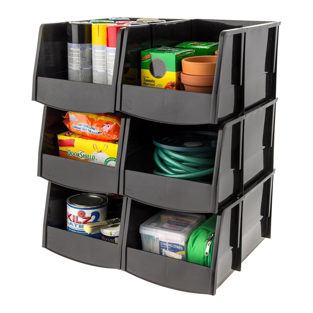 IRIS USA 6 Pack Stackable Plastic Storage Bins Organizer, Garage, Jumbo, Black