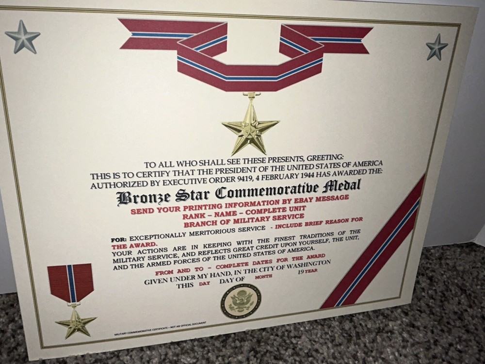BRONZE STAR MEDAL COMMEMORATIVE CERTIFICATE ~ TYPE-2 w/PRINTING