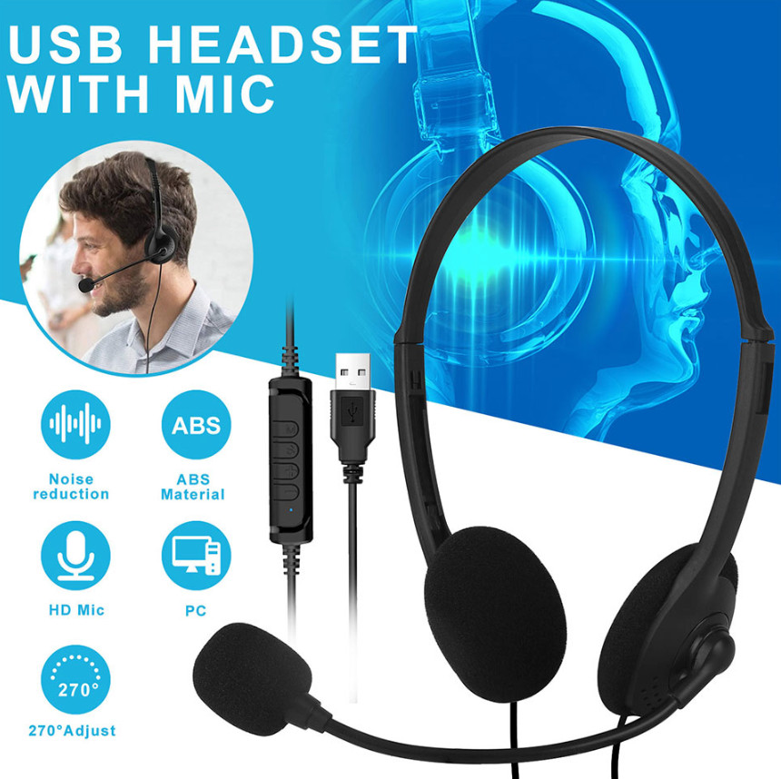 USB Headset Headphone Microphone Noise Cancelling For PC Computer Call Chat LOT