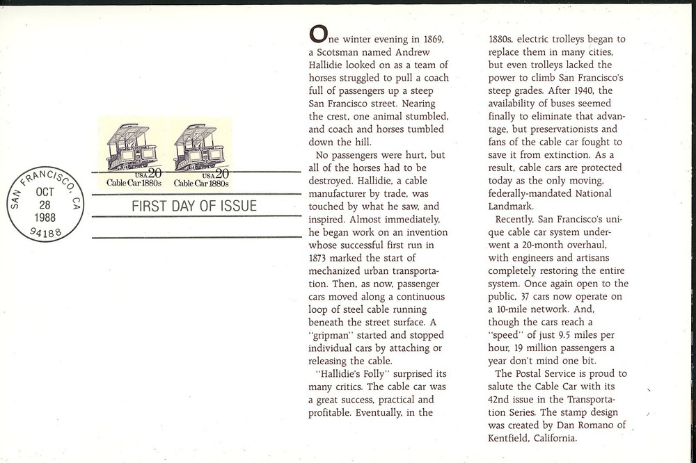US FDC #2263 USPS Ceremony Program 1988 San Francisco CA Cable Car