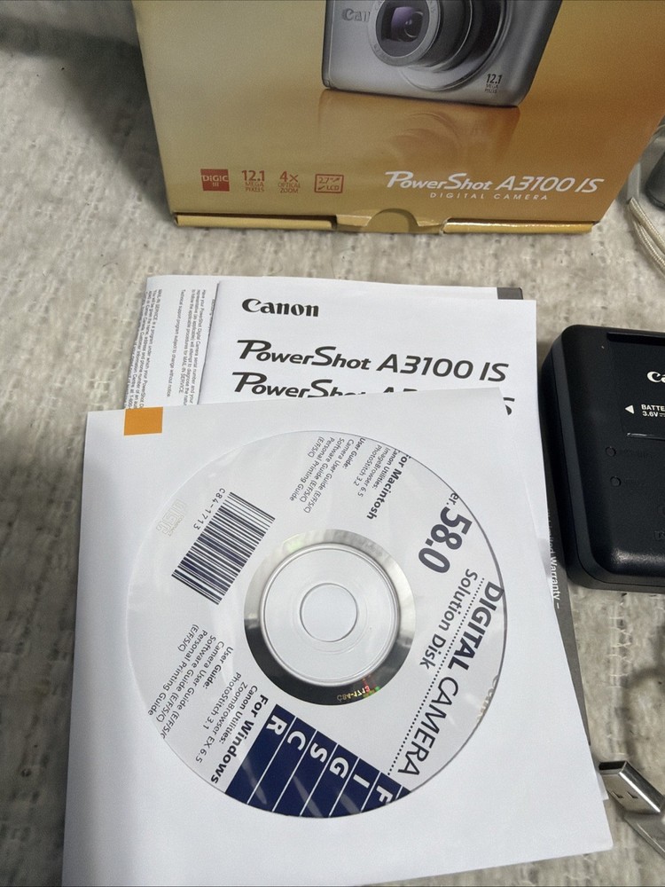 CANON PowerShot A3100 IS Silver Digital Camera Bundle Tested A+ Near Mint