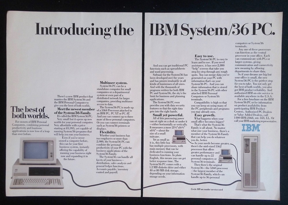 1985 IBM System/36 PC Vintage 2pg Computer Ad "Introducing the..."
