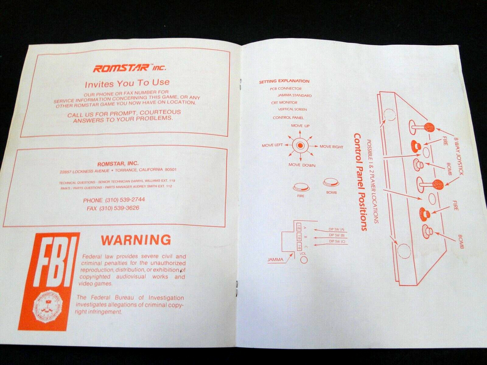 Vintage Romstar - Varth: Operation Thunderstorm Arcade Mini Instruction Manual