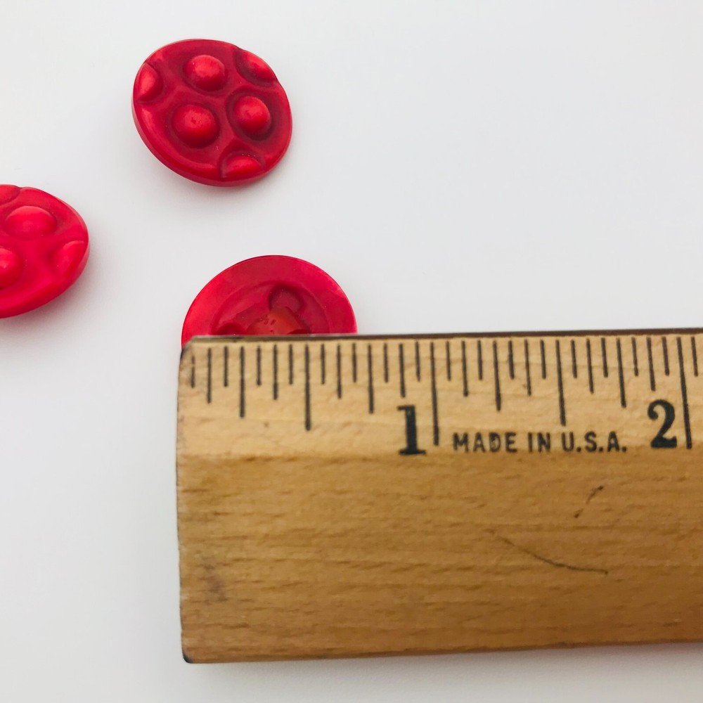 3 Red Bumpy Round Buttons Plastic Shank Matching Set Weird Texture Vintage 3/4"