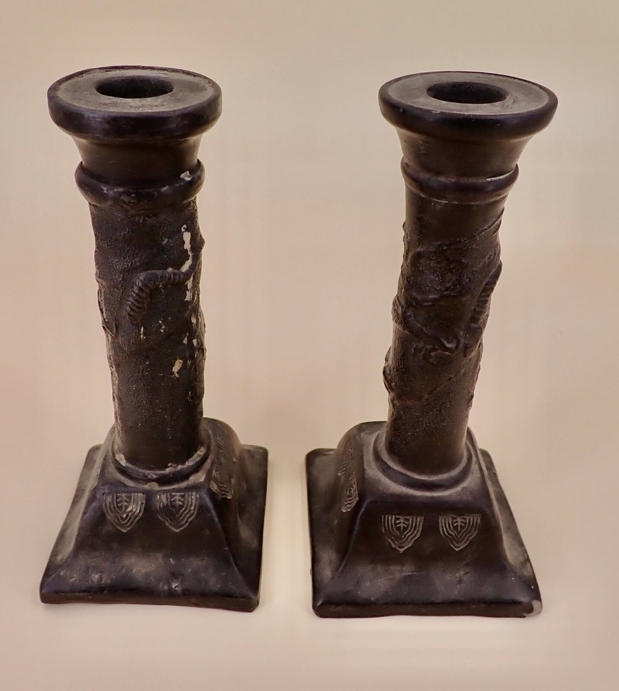Older Nippon Brown Clay Dragonware Candlesticks signed