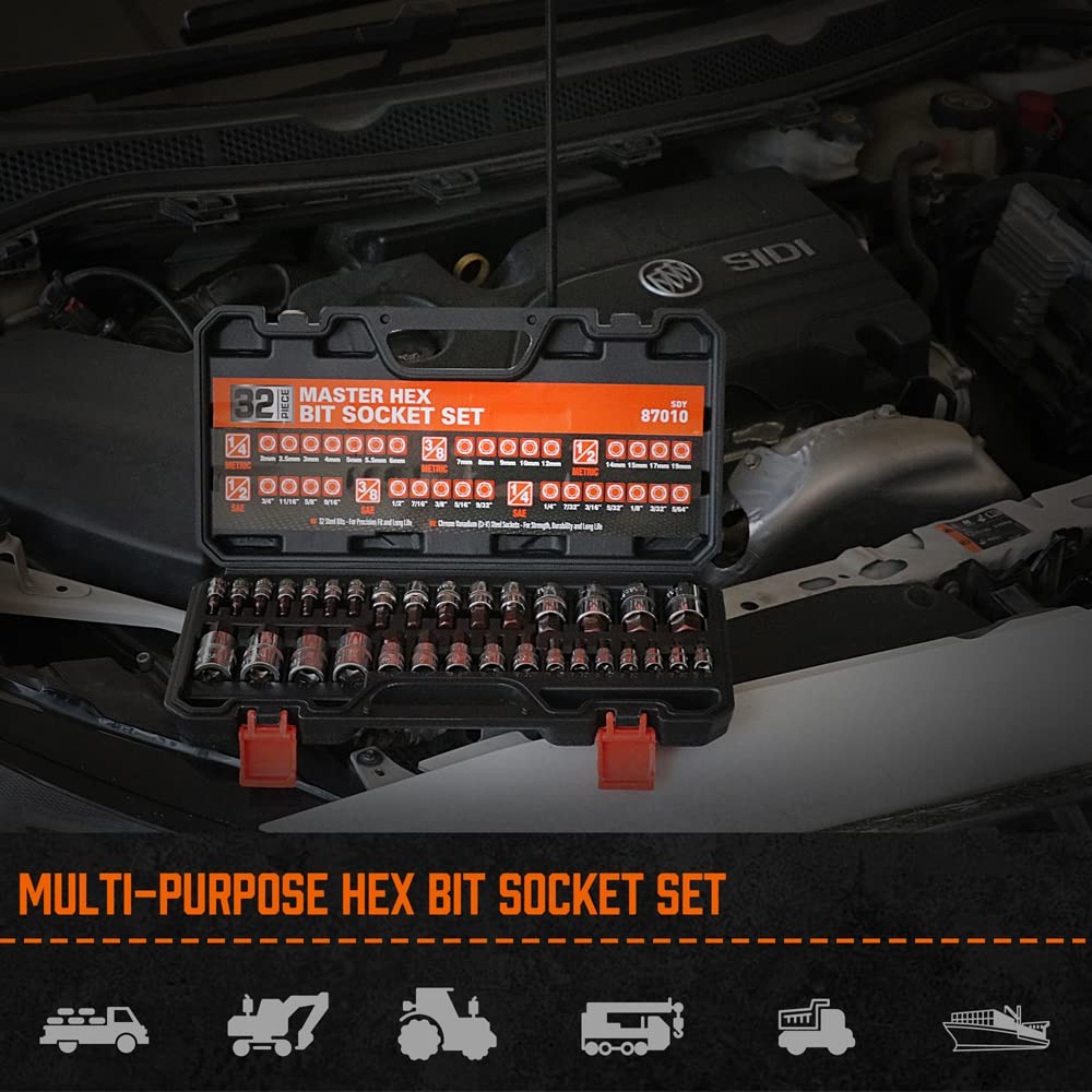 High Torque Master Hex Bit Socket Set, 32-Piece SAE & Metric Allen Socket Set...