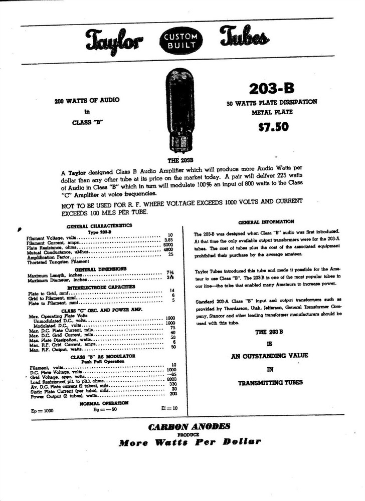** TAYLOR 203-B HIGH POWER 100 WATT CLASS AUDIO AMPLIFIER TRIODE **