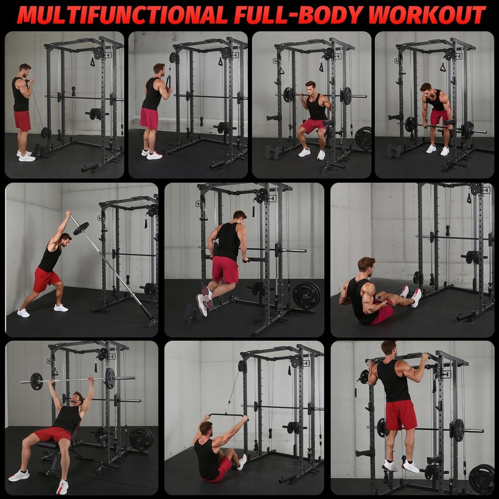 Smith Machine Power Cage with Pulley System LAT Pulldown Squat Rack for Home Gym