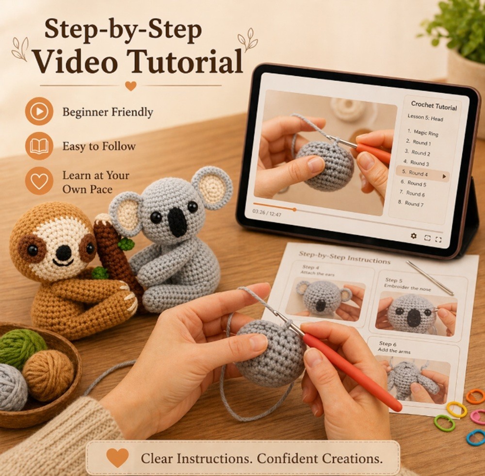 Sloth Koala Crochet Kit for Beginners Amigurumi DIY Set with Video Tutorial
