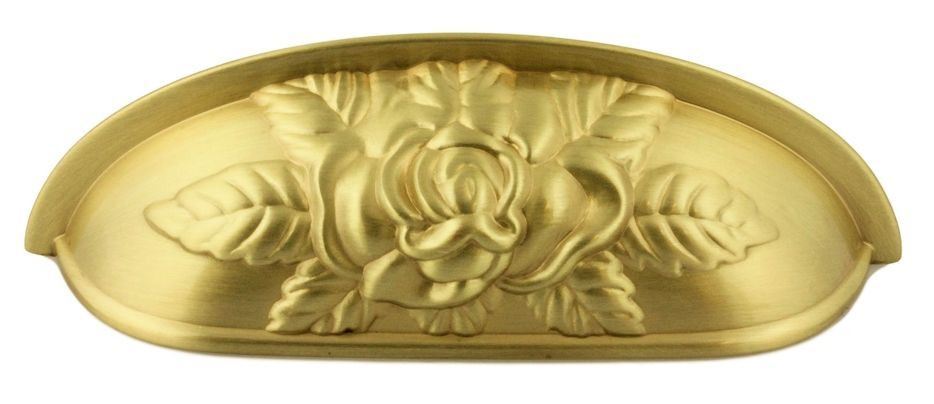 3-3/4" Old Rose Pattern Cup Pull Satin Brass