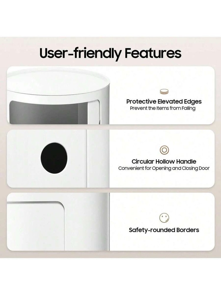 NEW Modern 3-Tier Round Storage Cabinet With Sliding Doors, ABS Construction