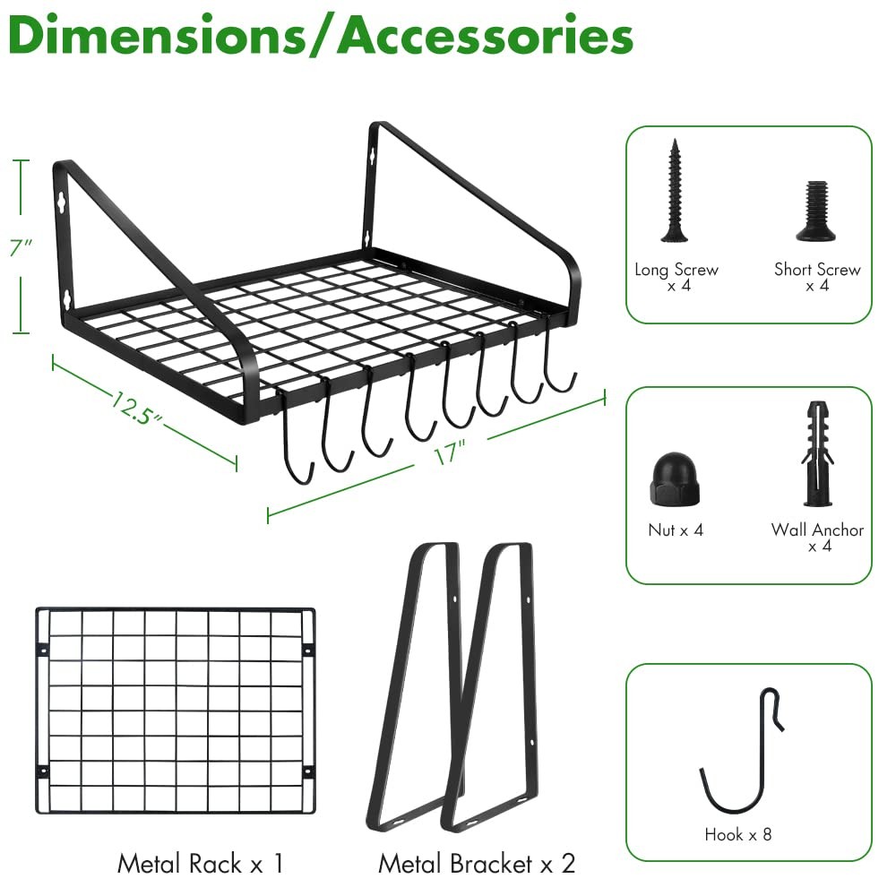 Hanging Pots & Pans RackWall Mounted Pots Pans Organizer Holder Rack with 8 H...