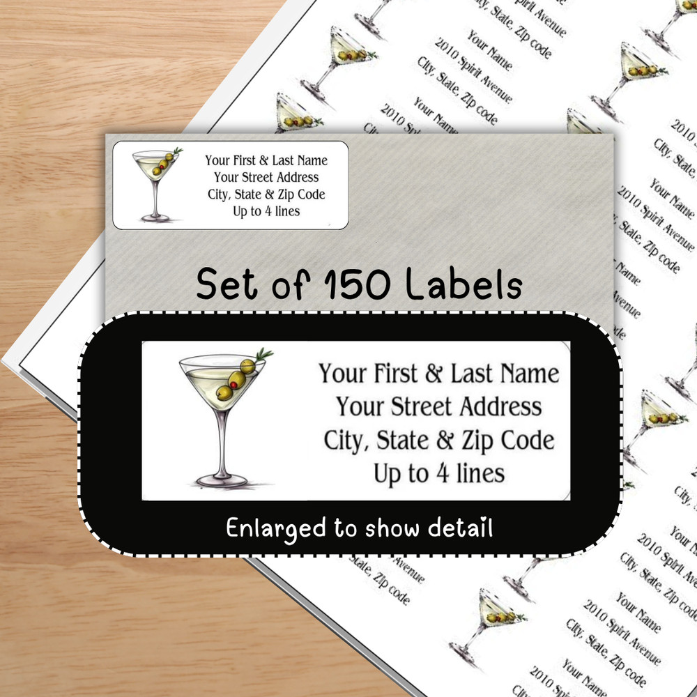 150 Martini Glass Olives Mailing Return Address Labels Personalized