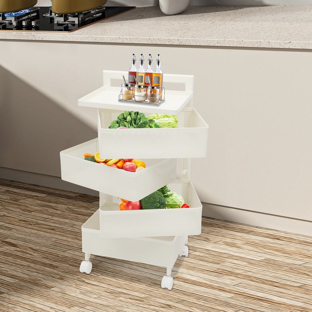 Rotating Storage Cart Kitchen Organizer with Wheels four storage baskets White