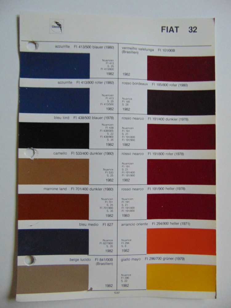 Original Glasurit Fiat Paint Chips Sheet - 1982-1983