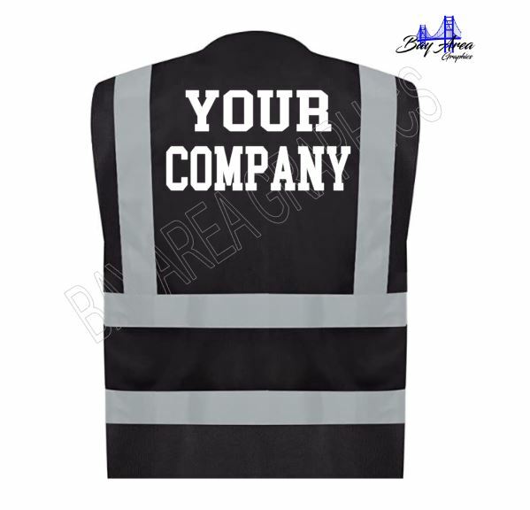 Custom Text Black Safety Vest High Visibility White Design REFLECTIVE 2"Strips