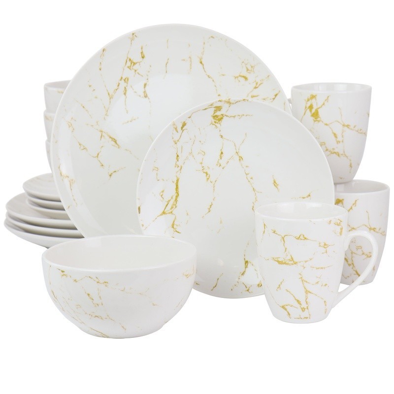 Marble Dinnerware Set Service 4 Stoneware Round Microwave Dishwasher Safe 16 Pcs