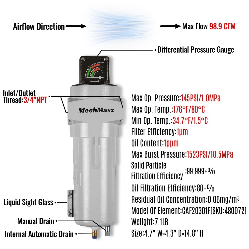99CFM 1μm 1ppm Compressed Air Oil-Water Separator Precision Filter Model CAF201