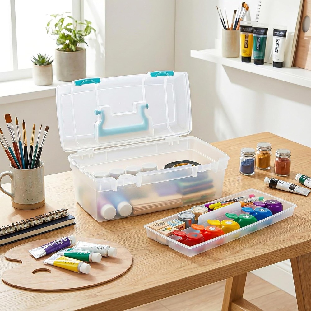 Portable Art Supply Organizer (with Handle and Tray), Clear/Aqua Blue