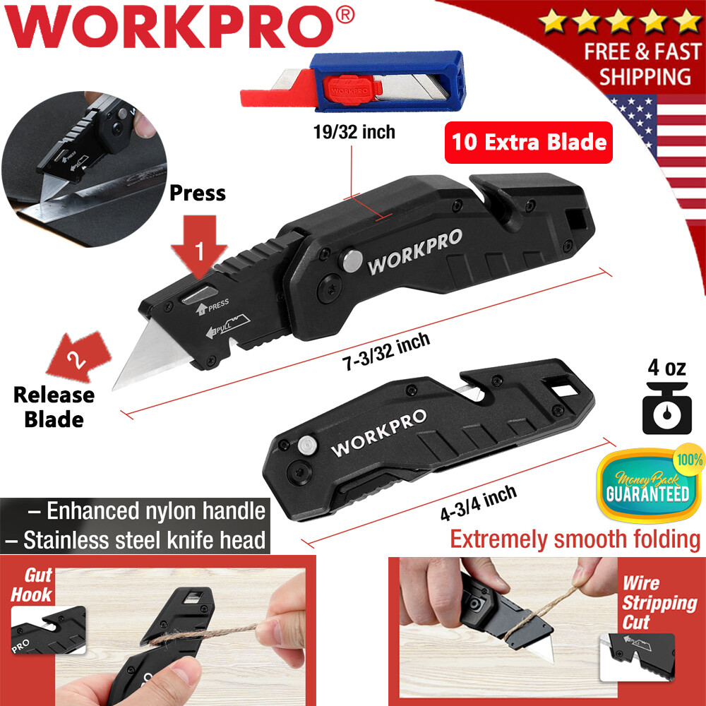 WORKPRO Heavy Duty Folding Utility Knife Pocket Box Cutter Quick Change 10 Blade