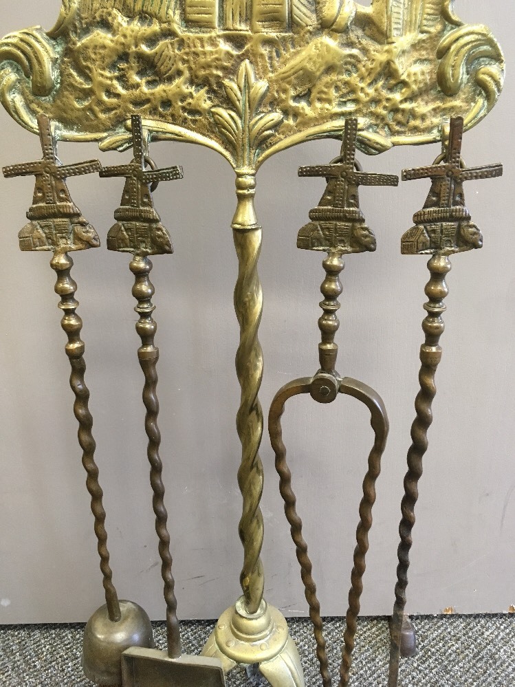 WINDMILL FIRE PLACE TOOLS ANTIQUE BRASS DUTCH 1850, CAST DESIGN