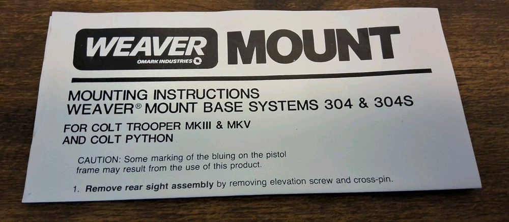 Weaver Mount Colt Python Trooper MkIII Trooper MKV Mount Base System 304S