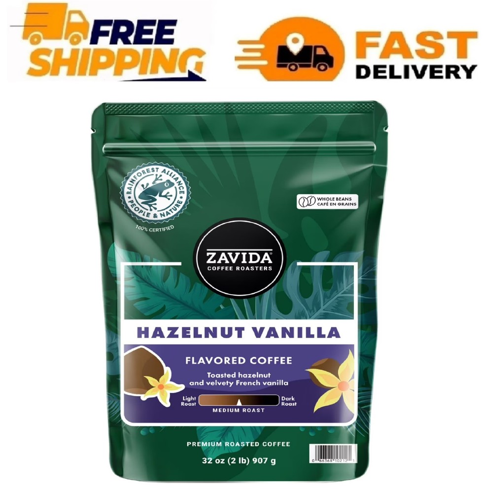 Zavida Coffee Whole Bean Coffee, Hazelnut Vanilla, 32 oz.