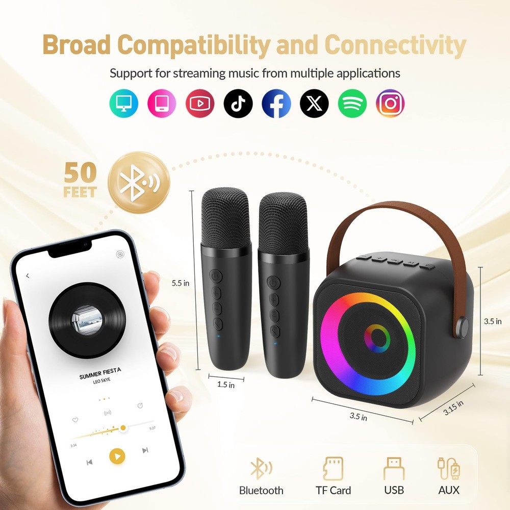 Mini Karaoke Machine, Portable Bluetooth Speaker 2 Mics, Black 2 Mics