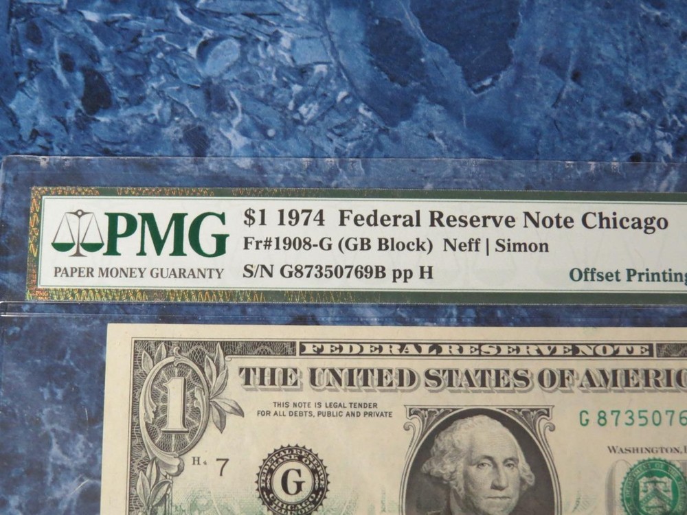 2 1974 $1 FR Notes Chicago Offset Printing Error PMG 64EPQ – Consecutive Serials