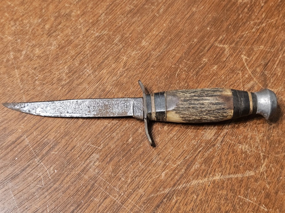 PIC Solingen Germany Stag Handle Fixed Blade Hunting Knife w/ Sheath Needs Work