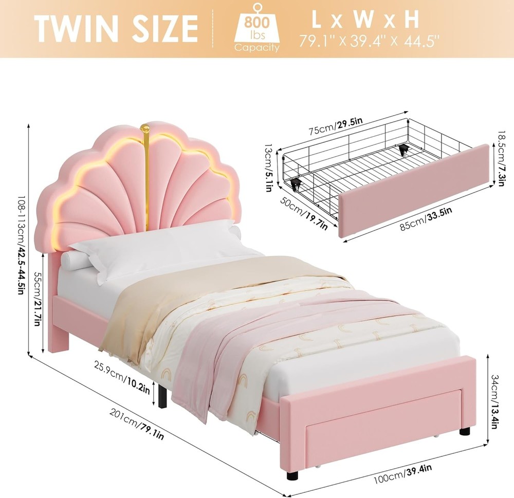 Twin Princess Bed Frame with Storage Drawers Pink