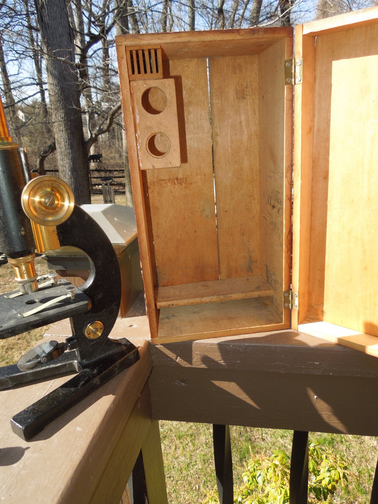 Antique Cast Iron Microscope Germany Brass Black Microskope w/ Case