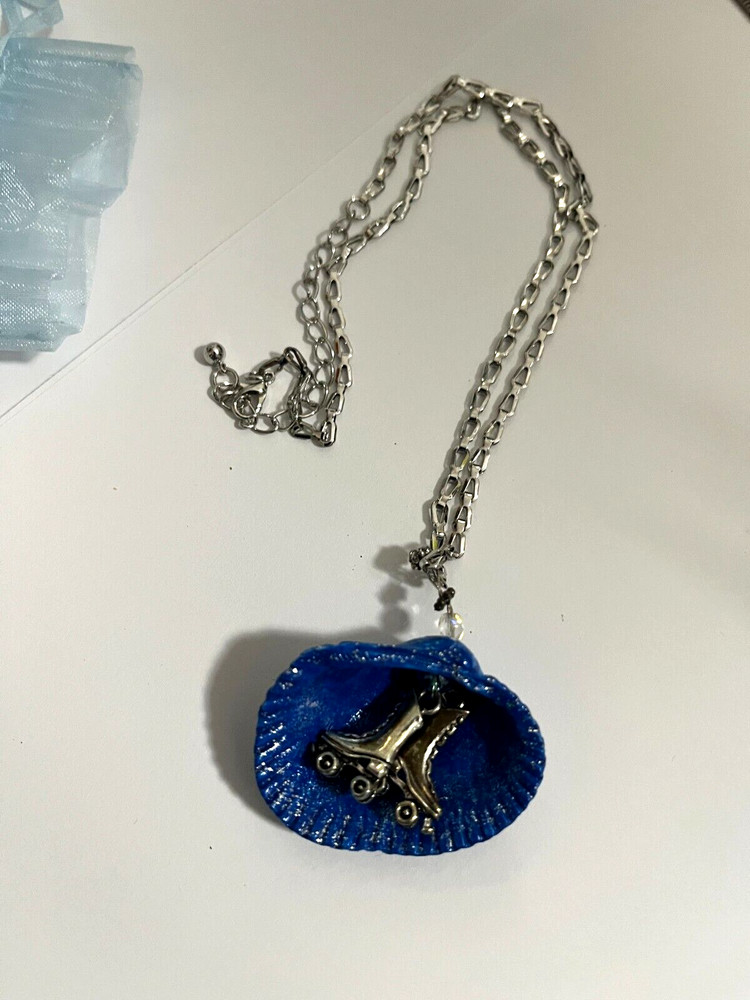 Handmade Art Rollerskates Seashell Necklace 18" chain gift blue rollergirl fun