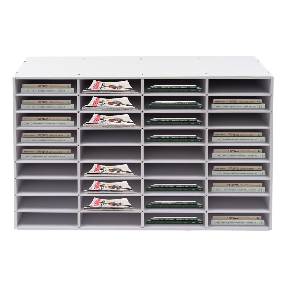 36-Compartment Literature Organizer, Durable Adjustable File Sorter, White