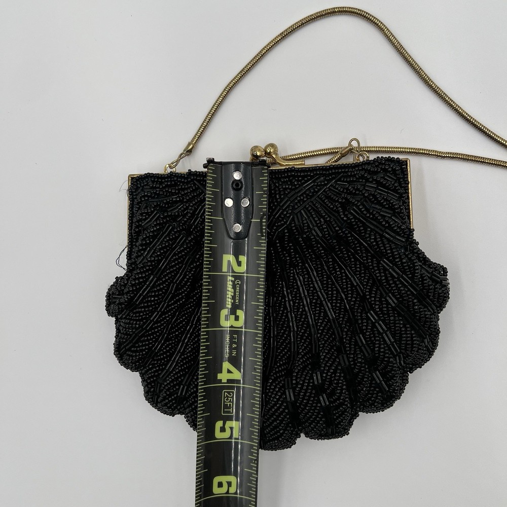 Clam Shell Black Beaded Vintage Clutch with Chain Strap