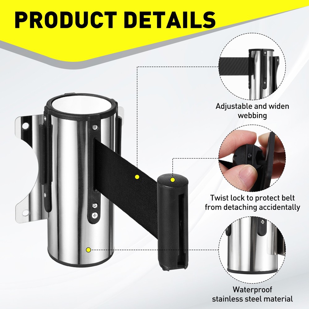 9.8 Foot Fixed Wall Mount Retractable Belt Barrier Set, Black / White
