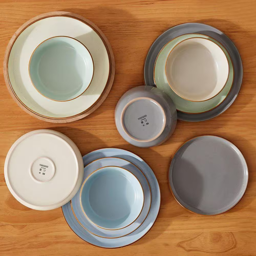 12-Piece Blue Green Beige Gray Stoneware Dinnerware Set Service for 4 Tableware