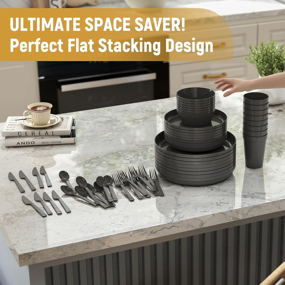 40 Piece Apartment Essentials Dinnerware Set, Stackable Space-Saving Plates & La