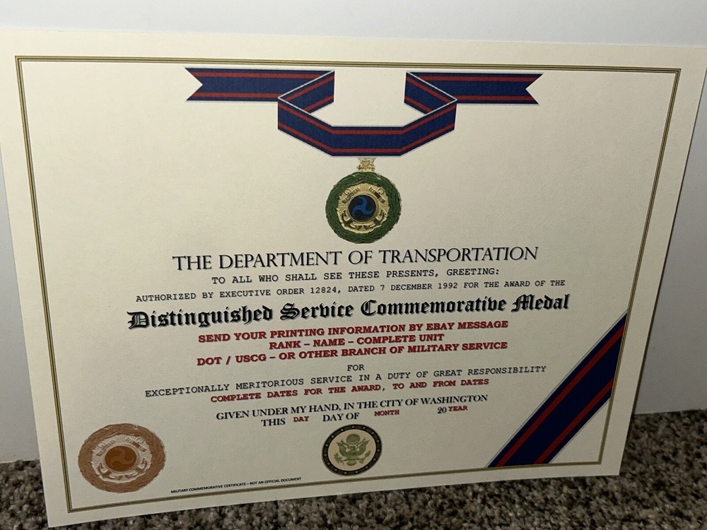 D.O.T. DISTINGUISHED SERVICE MEDAL COMMEMORATIVE CERTIFICATE ~ TYPE-2 w/PRINTING