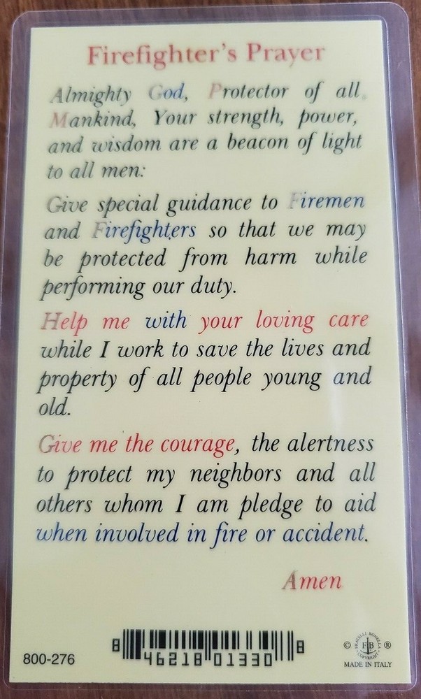 'Firefighter's Prayer' w St. Florian laminated prayer card