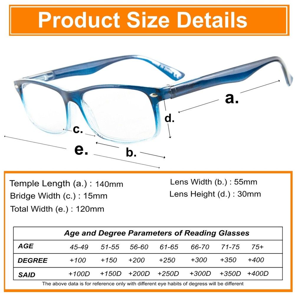4 Pair Rectangular Spring Hinge Power Reading Reader Glasses For Mens Womens 1-4
