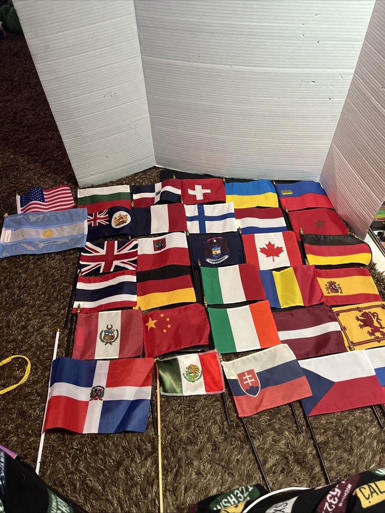 Lot of 32 Desk Display Flags Multiple Countries