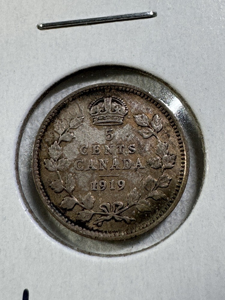 1919 Canada 5 Cents Small Silver Coin Cleaned