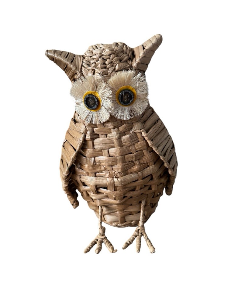 Vintage Mid Century Wicker Owl 10” Button Eyes